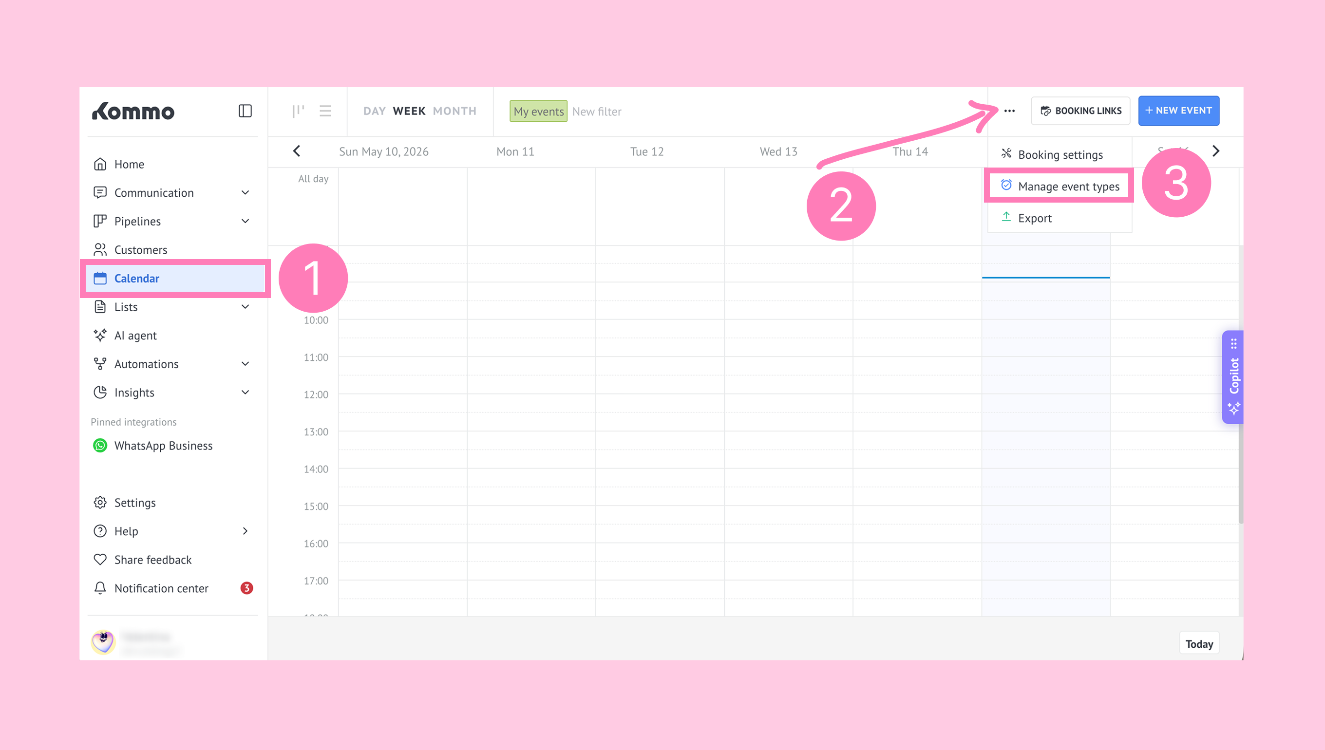 Calendar interface showing event management options and navigation for scheduling events.